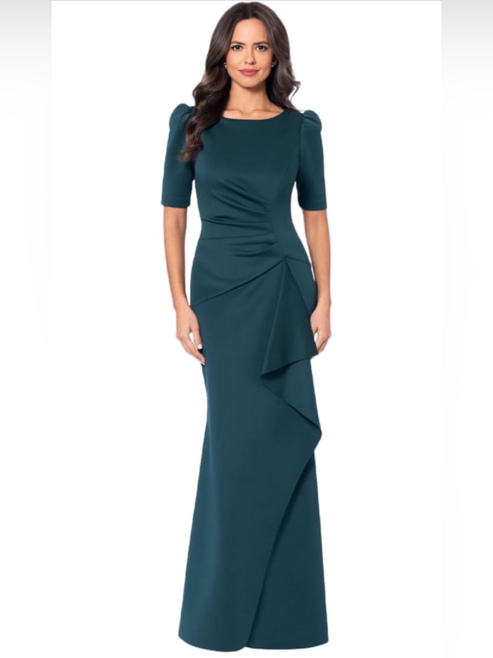 Xscape Short-Sleeve Ruched Scuba Crepe Gown Ruffle formal evening event party 4